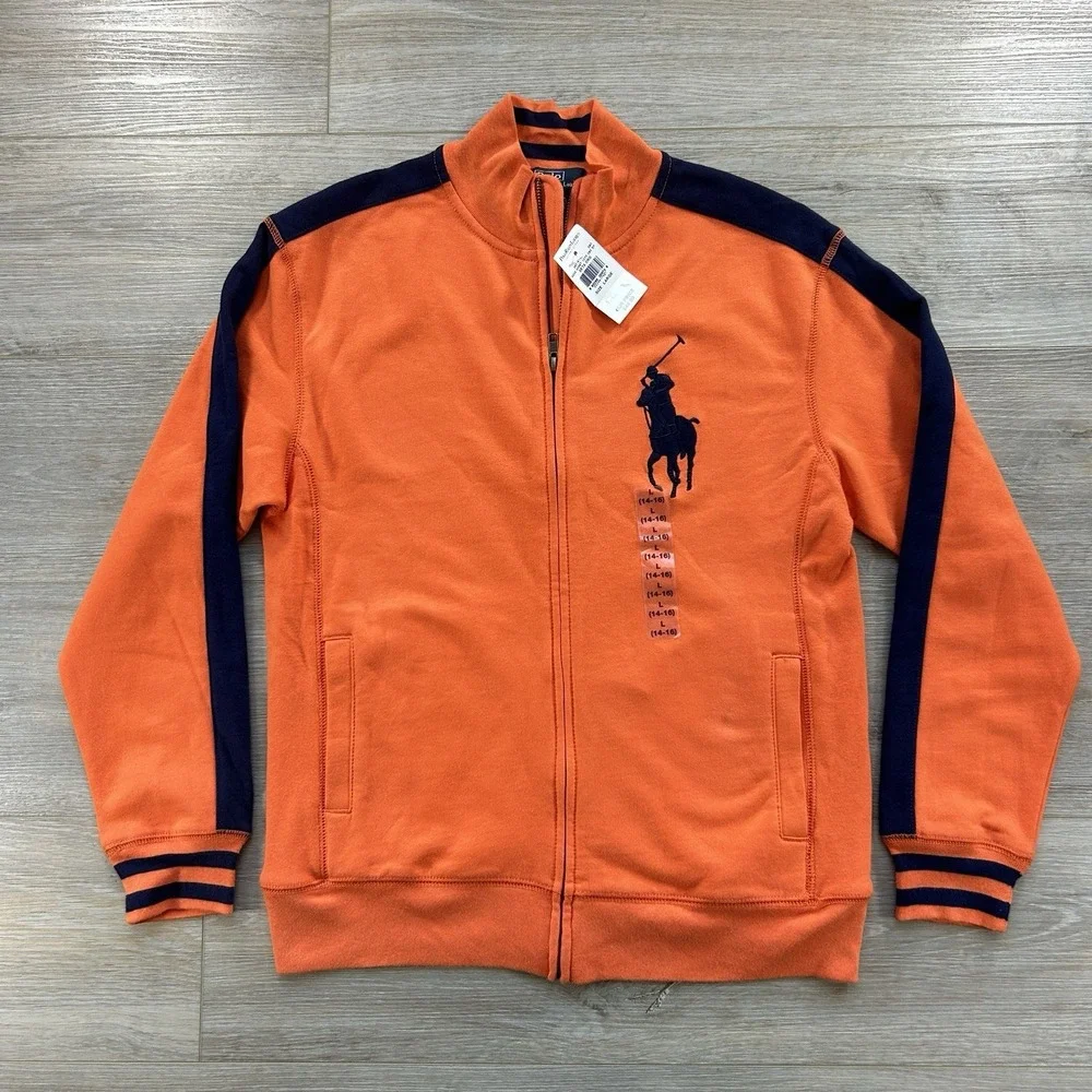 VTG NWT Polo Ralph Lauren Youth Boys Orange Large (14/16) Zipper Jacket Big Pony
